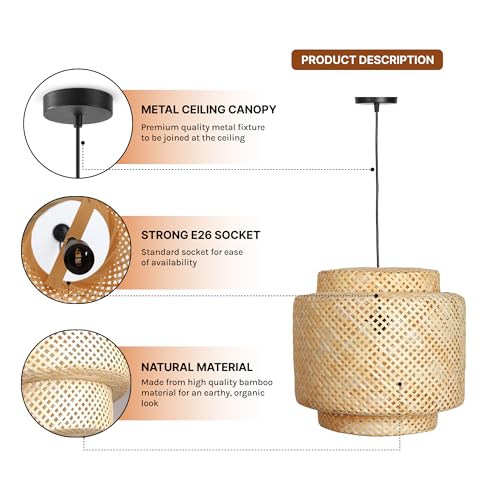 Image of Habere India-All the Cultures Fabricating India Bamboo Lampshade | Pendant Lamps | Boho Lamp Shade | Cane Lampshades | Rattan Lamp Shade | Wicker Lampshade (Diameter 40 CM, Height 37 CM)