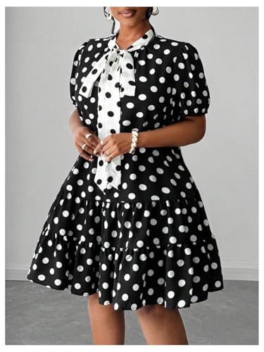 WDIRARA Women's Plus Size Polka Dots Bow Tie Short Dress Puff Sleeve Ruffle A Line Dresses3
