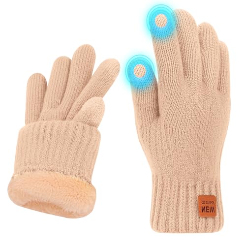 Risipu Winterhandschuhe für Frauen Damen Thermische Touchscreen Handschuhe mit Fleece Futter Weiche Warme Strickhandschuhe für Laufen Ski (Beige, M)