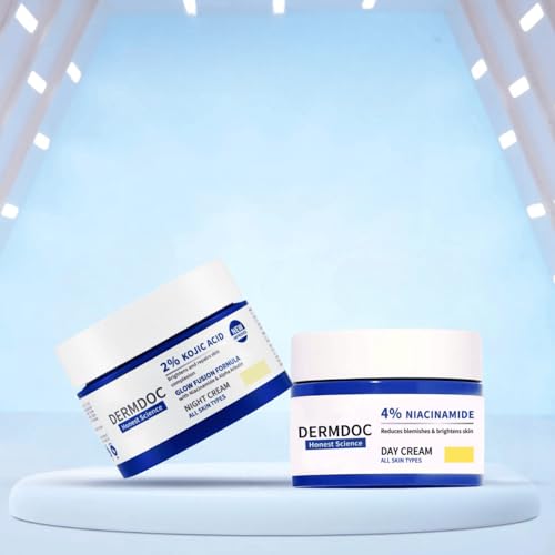 Image of DERMDOC Ultimate Skin Brightening 4% Niacinamide Face Day Cream (50 gm) for Glowing Skin & Improved Texture + 2% Kojic Acid Night Cream (50 gm) with Niacinamide & Alpha Arbutin for Dark Spot Reduction, Anti-Aging, and Even-Toned Radiance - Pack of Two