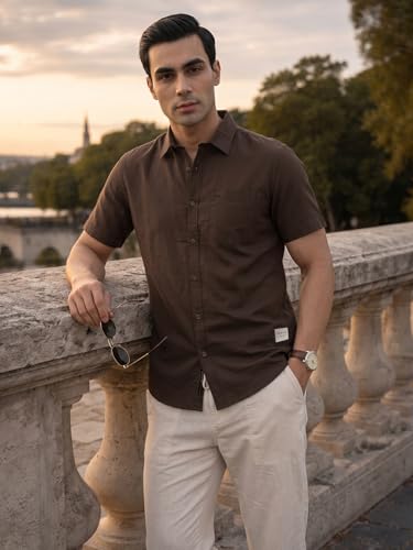 Image of Thomas Scott Men's | Solid | Half Sleeve | Slim Fit | Linen Blend | Spread Collar | Casual Shirt