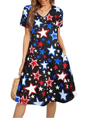 Image of LUKYCILD American Flag Dress Women 4th of July Patriotic Shirt USA Stars Stripes Dresses Sexy V- Neck Summer Sundress