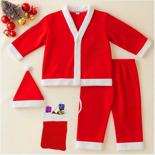 Image of PoPo Toys Santa Claus Costume for Christmas Children 9-13 Years| Red Santa Suit with Fur Trim, Belt, Hat & Beard | Fleece, Faux Fur | Xmas Party & Fancy Dress Outfit Size 4