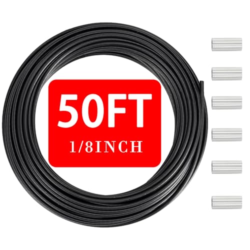 1/8(3.3mm) Stainless Steel Wire Rope PVC Coated Cable Kit 50FT Heavy Duty Outdoor Cable for Deck Railing String Lights Clothesline & Garden Use(Black 50ft)