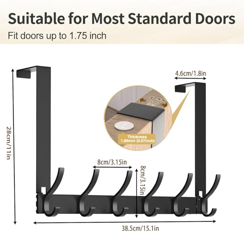 Over The Door Hooks Hanger with 11 inches Extended Arms, Tool-Free Assembly, No Nail Over Door Hanger Holder with 6-Double Hook for Bathroom, Bedroom, Kitchen, Hanging Towels, Coats