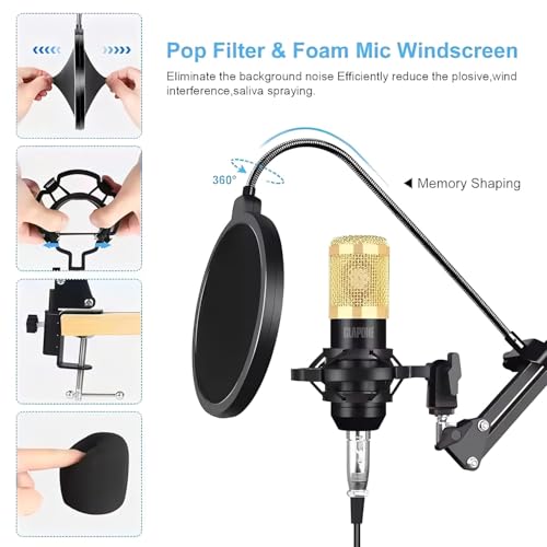 Image of Condenser Microphone Kit with Boom Arm, Shock Mount, Dual Pop Filters, Audio & Power Cables - Ideal for Podcasting, Gaming, Singing, and Live Streaming Recording Stand Sponge Pop Filter Cover