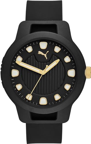Puma Reloj Reset para hombre, movimiento de cuarzo con correa de poliuretano, silicona, piel o acero inoxidable, Negro y tono dorad