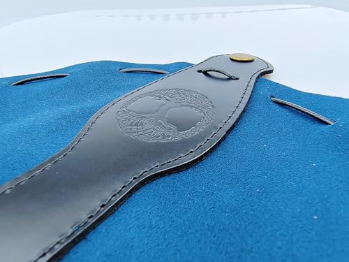 Image of Black & Blue Celtic Tree DND Gifts Dice Bag - Tray with Drawstring & Button Genuine Leather Dice Pouch Storage Bag for d&d Dices Jewelry Coin & Small Accessories