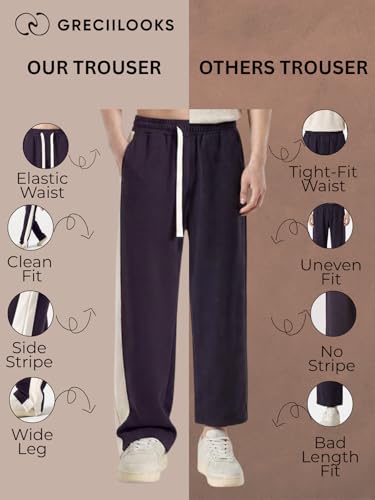 Image of GRECIILOOKS Trouser for Men | Man Relaxed Fit Trousers Twill Track Style | Straight Fit Wide Leg Trousers for Mens with Drawstring Waist | Korean Casual Travel Streetwear Pants
