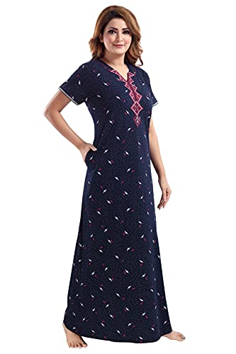 Image of 9shines Label Designer Nighty | Cotton Blend Nighty for Women | Night Gown | Nightdress | Front Open Buttons,Floral Embroidery On The Neck & Pocket On The Right Side (5001)