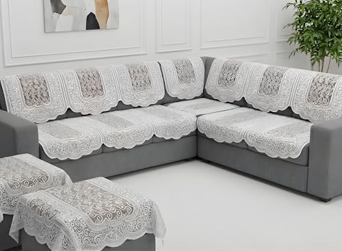 Image of Fab Nation Sofa Cover L Shape 5 Seater with Corner L Type Fully Covered Sofa Set for Living Room | Cotton Sofa Slipcovers for 3 + 2 Seaters Cover + 2 Setty Cover Set | Silver