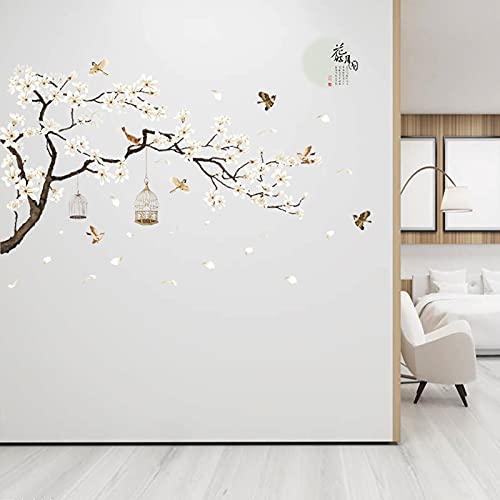 Cherry Blossom Wall Stickers For Bedroom,Chinese Style White Flowers Black Tree And Flying Birds Wall Decals For Living Room Family Tree Wall Decor Sticker(White) #TOP2