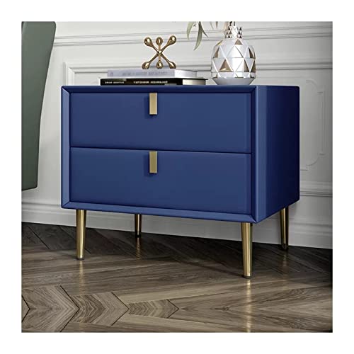 Mesilla de noche Mesita de noche moderna de piel sintética de color azul oscuro, mesita de noche con 2 cajones de almacenamiento, lado final con marco de madera, patas de mesa de metal, mesitas de noc