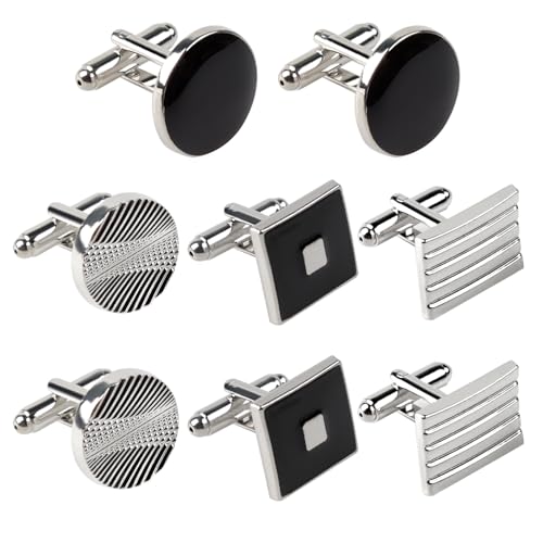 LLMSIX 8pcs Cuff Links Mens, Fashion Cufflinks for Men, Silver Black Mens Cufflinks for Father Husband Boyfriend Office Wedding Gift