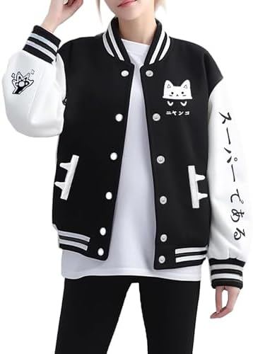 Outofgas Women's Cute Cat Baseball Varsity Jacket Casual Sweatshi...