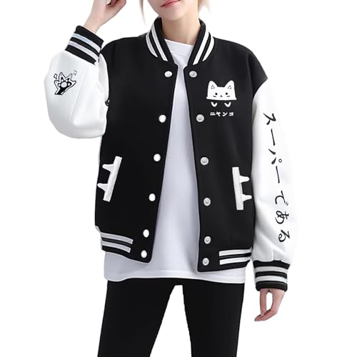 Outofgas Women's Cute Cat Baseball Varsity Jacket Casual Sweatshirt Kawaii Print Bomber Jacket Aesthetic Coat