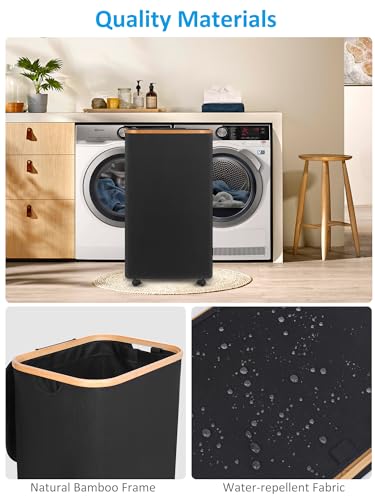 Image of efluky Laundry Basket with Wheels, Tall Rolling Laundry Hamper with Lid and Removable Bag, Aesthetic Dirty Clothes Hamper on Wheels for Laundry Room, Bedroom, Dorm and Bathroom, 100L Black