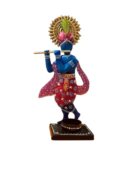 Ozark Traditional Indian Krishna T Light Candle Holder, Painted Metal, Dancing Pose with Crown Design (Blue)