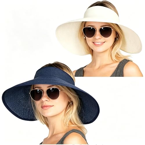 2 PCS Women Sun Visor Hats Beach - Foldable Roll Up Wide Brim Bowknot Summer Straw Hat Cap Cruise wear for Womens, Navy Blue+off-white, One size