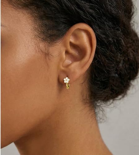 Image of Reffeer Solid 925 Sterling Silver Flower Hoop Earrings Huggie for Women Teen Girls Daisy Hoop Earrings Cartilage Helix Earrings