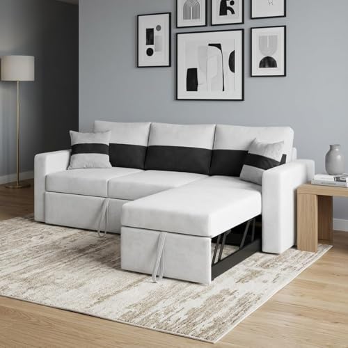 Image of FURNY Soria 4 Seater RHS Lounger Sofa Cum Bed (Light Gray - Black) with Pull-Out Function | Luxury Velvet Suede Finish | Durable Comfort | Ideal for Living Room