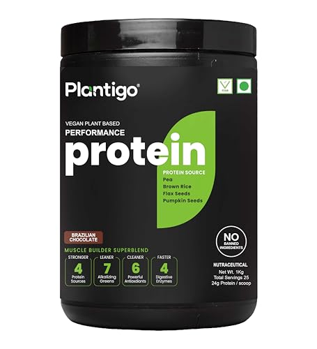 Image of Plantigo Plant Protein Powder - Men & Women, 500g Brazilian Chocolate | Plant Based Pea Protein Powder | 24g Protein, 5g Fiber, 3g BCAA, 20+ Vitamins, Minerals| No Added Sugars, No Preservatives