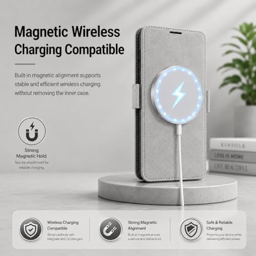 Image of FASHINA S26 Leather Flip Wallet Case with Magnetic Closure, Card Holder Slots, Shockproof Inner Cover, Premium Leather Finish for Complete 360 Protection Grey