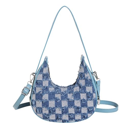Women's Denim Handbag Shoulder Bags Retro Plaid Satchel Bag with Zip Small Bag Purse