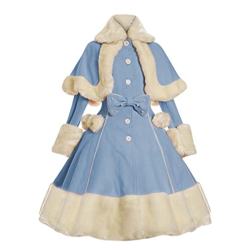 Clearance Sweet Classic Lolita Winter Overcoat Faux Fur Cape Thick Wool Trench Coat Jacket Winter Warm Parka Shawl Blue