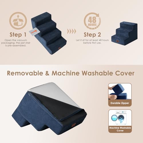 Image of EHEYCIGA Dog Stairs for Small Dogs 13.5 inch H, 3-Step Dog Steps for Couch Sofa and Chair, Pet Steps for Medium Cats, Non-Slip Balanced Pet Ramp Indoor, Navy Blue