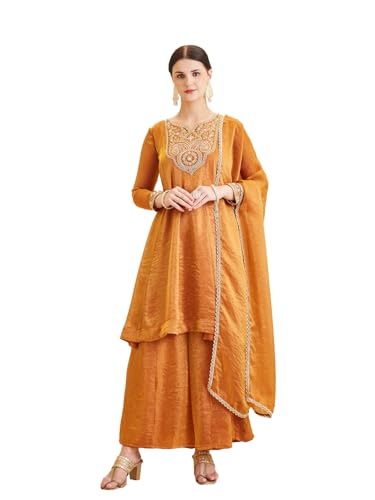 Image of MOKOSH Women's Silk Embroidered Anarkali Kurta and Sharara with Dupatta Set | Ethnic Set | Suit Set | Kurta Set