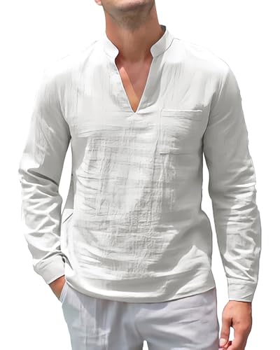 NANAMEEI Leinenhemd Herren Klamotten Sommer Leinen Henley Shirt Herren Langarm Weiß XL