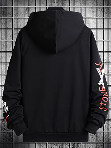 Wdirara Men's Cartoon Letter Graphic Drawstring Hoodie Long Sleeve Pocket Sweatshirts Black M #TOP1