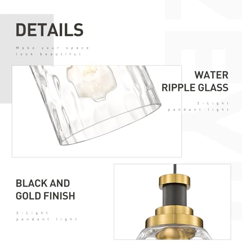 Image of zeyu Adjustable Modern Cluster Pendant Light for Kitchen Island, 3-Light Pendant Lighting, Black and Gold Finish with Water Ripple Glass Shade, ZG33-3 BK+BG-WG