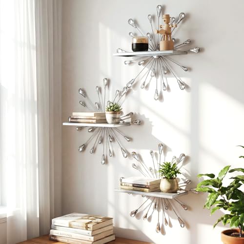 Image of Yaocom Set of 3 Crystal Floating Wall Shelves, Silver Teardrop Metal Wall Mount Storage Shelf, Decorative Floating Display Rack for Bedroom Living Room Kitchen Office Home Decor