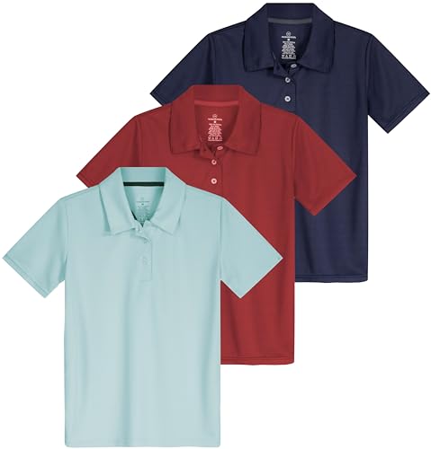 Image of 3 Pack Girls' Mesh Polo Shirts Short Sleeve Collared School Uniform Tops | Sizes 4-18, Quick Dry Performance Knit, Easy Care Everyday, Back To Class Ready, Plain Smart Collar, Golf