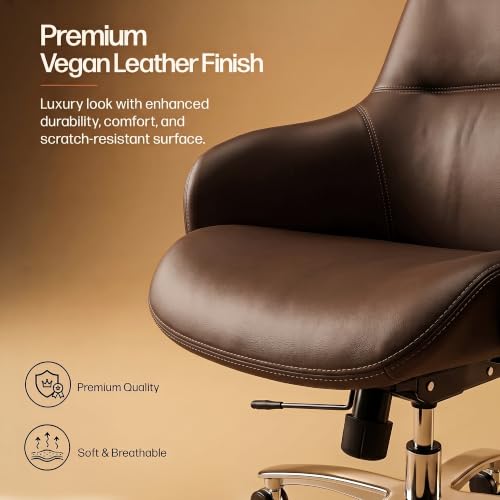 Image of DROGO Calista Ergonomic Office Chair for Work & Home with Premium Vegan Leather | Executive Boss Chair with 5 Cm Seat Depth Adjustment | 3-Point Tilt Recline Lock | Heavy Duty Metal Base (Brown)