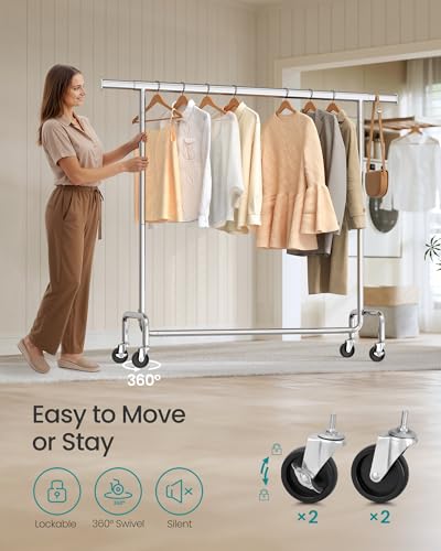 SONGMICS Clothes Rack with Wheels, Heavy-Duty Garment Rack with Extendable Hanging Rod, 286.6 lb Load Capacity, 17.7 x (43.3-59.1) x 64.1 Inches, Chrome-Plated, Silver UHSR11S