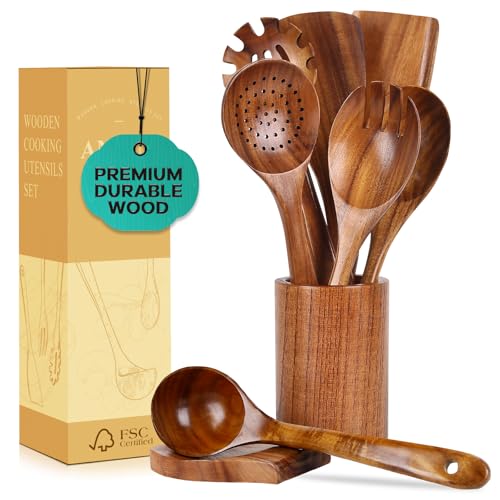 Wooden Cooking Utensils with Holder & Spoon Rest, 9Pcs Durable Teak Wooden Spoons for Cooking, Gentle Kitchen Utensil Set for Cookware