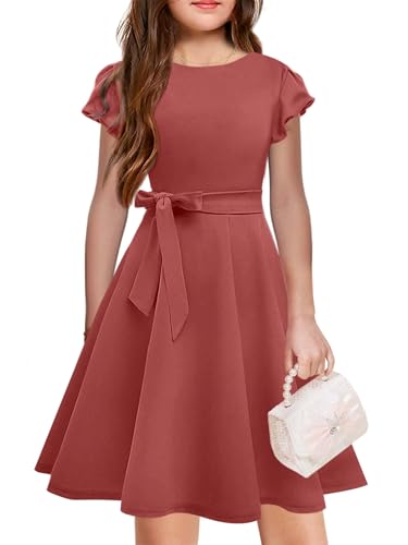 Girls Summer Ruffled Sleeveless Dresses Crew Neck Belt Formal Fit Knee High A Line Party Wedding Midi Dress