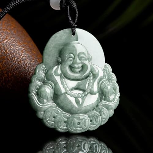Natural Jade Pendant Necklace Laughing Happy Buddha with Ingots Coins Lucky Certified Untreated Grade A Burmese Jadeite Hand Carved Amulet for Men and Women String 25.59 in3