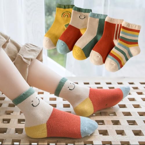 Image of Kids Cotton Blend Ankle Socks, Rainbow Stripes and Patterns, Pack of 5 Pairs, Multicolour