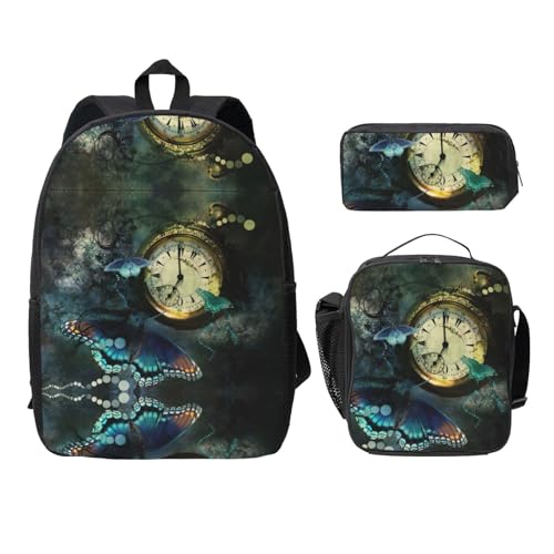 Sac à dos papillon 3 pièces noir avec boîte à déjeuner et trousse scolaire pour la rentrée