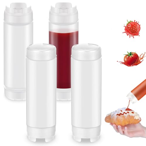 QuZCarious 4 Pcs Squeeze Bottles Refillable 20oz,Condiment Squeeze Bottles Inverted Plastic Dispenser Squeeze Bottle for Sauces Ketchup Sour Cream Self Sealing Syrup Dispenser for family， Restaurants