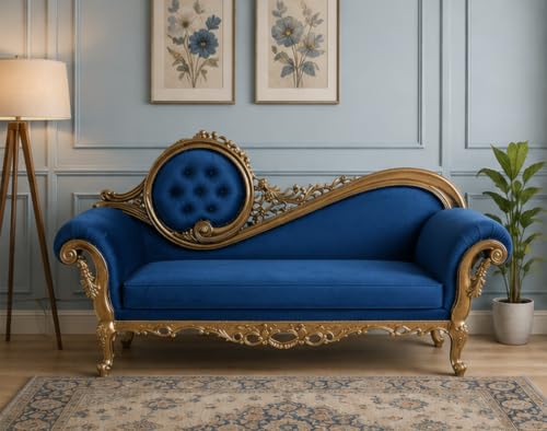 Image of Victorian Style Chaise Lounge, Tufted Cream Upholstery, Mahogany Wood Frame, Classic Living Room Furniture (Blue)