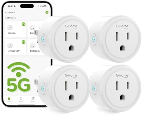 GHome Smart 5G 15A WiFi Smart Plug Compatible with Alexa and Google Home, Outlet Timer Smart Home WiFi Outlet Timer with Remote Control, 5GHz and 2.4GHz Wi-Fi Sockets, ETL FCC Listed, White, 4 Pack