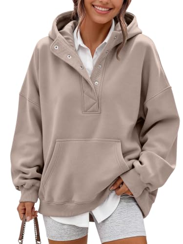 Trendy Queen Women's Oversized Fleece Hoodies Henley Sweatshirt CoffeeGrey