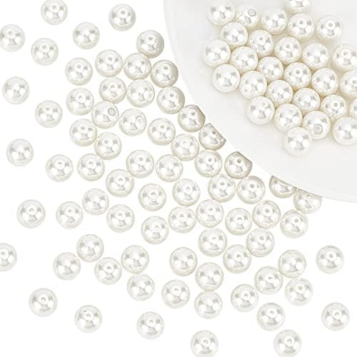PandaHall Elite 100Pcs 10mm Tiny Satin Luster Round Glass Pearl Beads Assortment Lot for Jewellery Making Round Box Kit,Anti-flash white