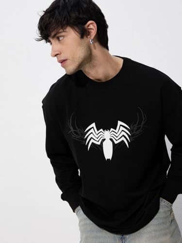 Image of The Souled Store Marvel: Venom Men and Boys Round Neck Black Graphic Printed Cotton Oversized Full Sleeve T-Shirts
