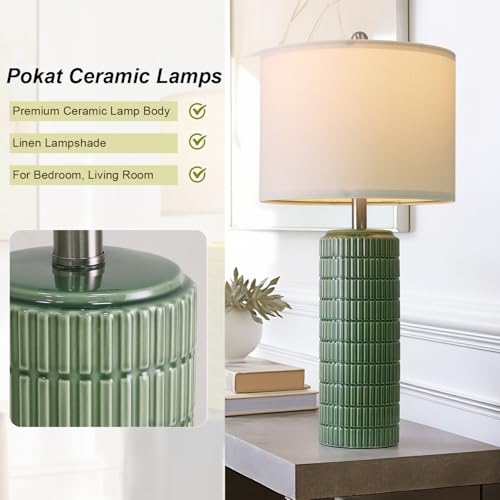 Image of PoKat 27.5 inch Dark Green Ceramic Table Lamps for Living Room, Farmhouse Table Lamps Set of 2 for Bedroom Night Stands, Modern Bedside Lamps for End Side Table, Vintage Nightstand Decor Lamps Home Office